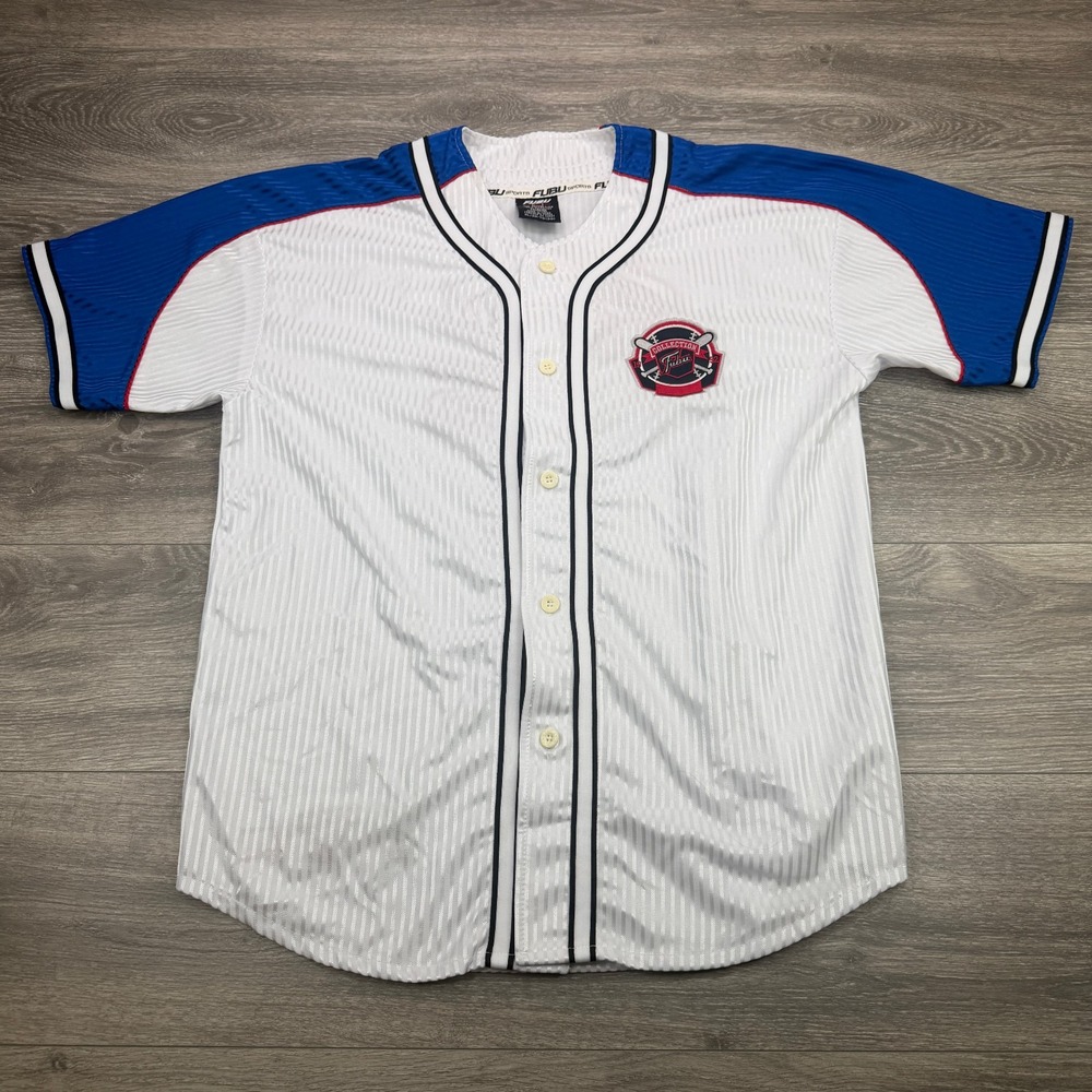 Vintage FUBU Baseball Jersey Boys XL White Striped Stitched Spellout Patches Y2K